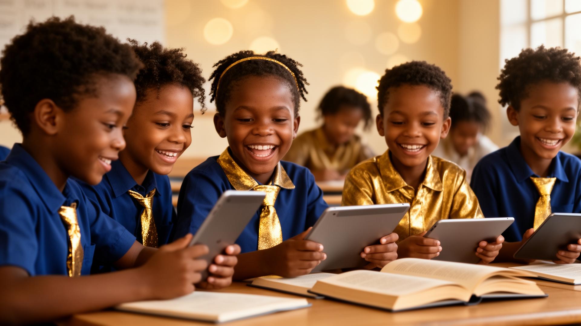 African children learning together with tablets and books