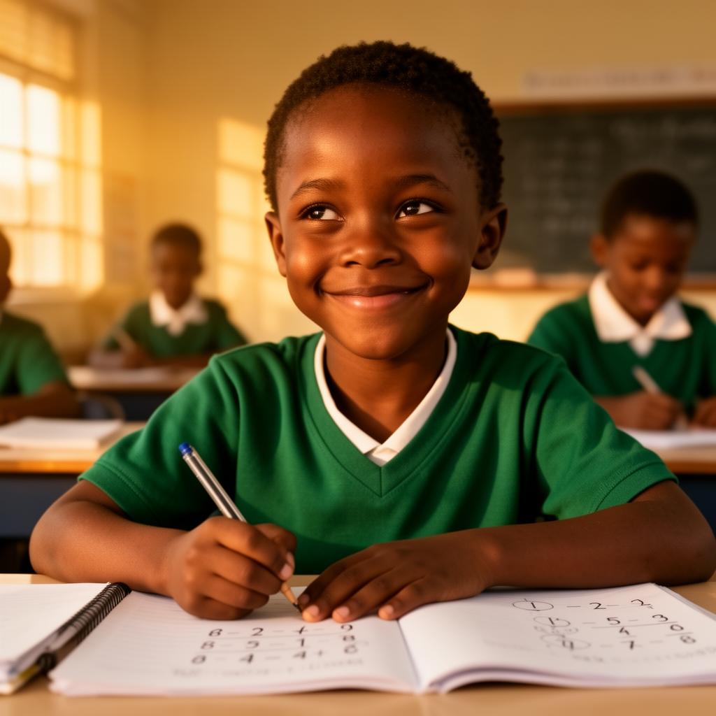 Confident African child solving a math problem