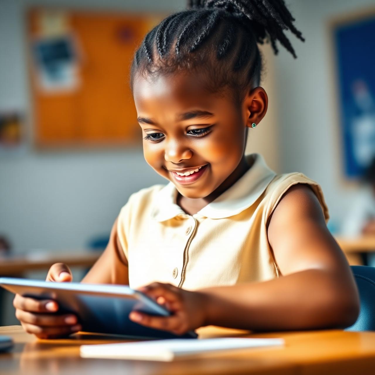 A focused young African girl solving a maths drill on a tablet