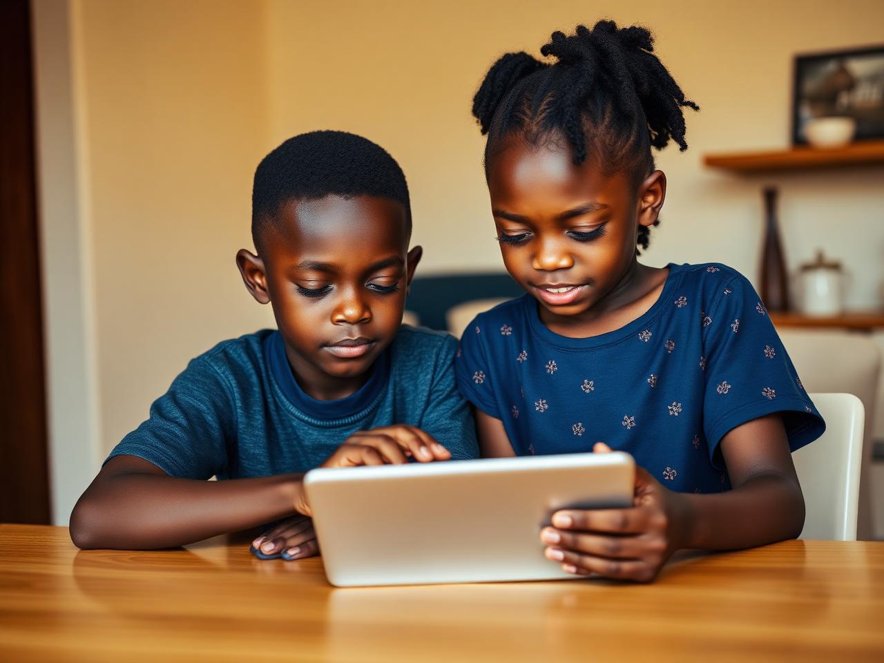 Two African children learning together on a tablet